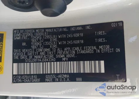 2018 Toyota Highlander Xle from USA, damaged, VIN 5TDJZRFH4JS843340